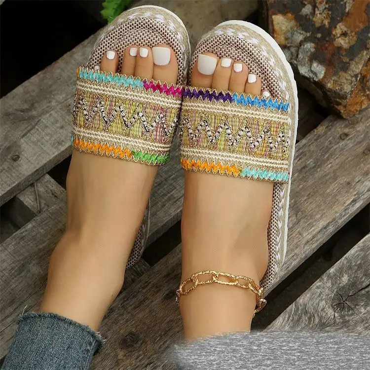 Sandal slip on mewah untuk wanita, sandal datar tali bordir mewah hijau