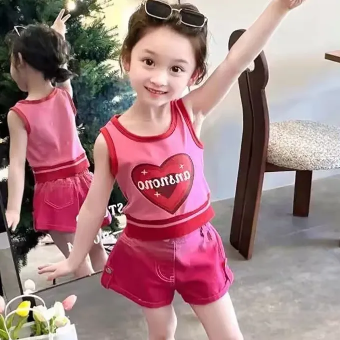 2024 Summer Children Clothes Letter Love Sleeveless Vest Gradient Color Shorts Kids Girls Clothing