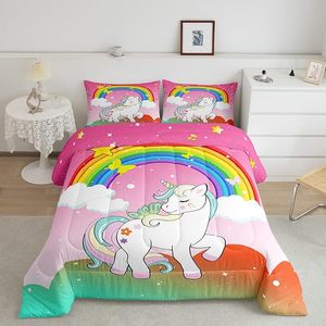 Mignonnes jumelles filles licorne couette ensemble Kawaii couette violet arc-en-ciel galaxie étoiles fantaisie réversible moderne imprimé dessin animé enfants - Product Image 5