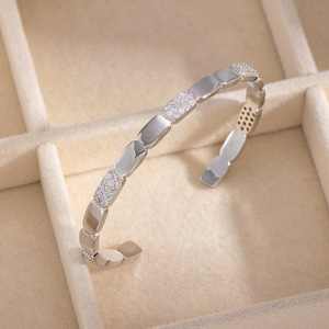Geometric Zircon Open <b>Bangle</b> And Ring <b>Set</b> Gold And Silver Stainless Steel Women's Jewelry Gift - Product Image 3