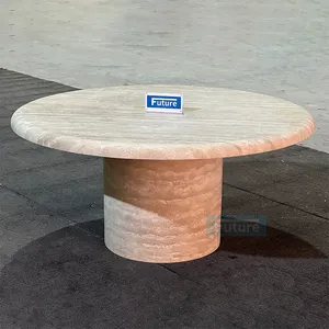 빈티지 베이지 도매 석회화 테이블 간단한 거실 석회화 라운드 식탁 천연 대리석 돌 커피 테이블