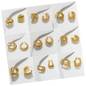 30款时尚高品质无光泽18k PVD金色镂空大胆箍不锈钢厚实金箍女性耳环