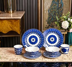 Blue And White Geometric Floral Porcelain Dinnerware <b>Set</b> For 2 With Plates Bowls Cups Spoons Luxury Gift Box For Home Wedding Pa - Product Image 1