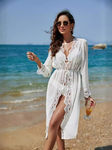 TW Mujeres con cordones Color sólido Manga larga Sexy Encaje <span class=keywords><strong>blanco</strong></span> <span class=keywords><strong>Playa</strong></span> Poncho <span class=keywords><strong>Kaftan</strong></span> - Product Image 6
