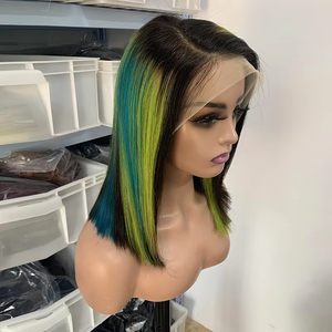 Parrucca Bob Corta in <span class=keywords><strong>Capelli</strong></span> Umani Vergini Remy Non Trattati, Densità 150%, Trasparente per Lace, Colore <span class=keywords><strong>Blu</strong></span> Verde, <span class=keywords><strong>Capelli</strong></span> Brasiliani, Vendita all'Ingrosso - Product Image 1