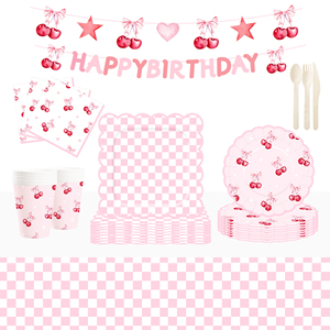 DAMAI Kids Birthday Party Supplies Square Pink White Plaid Plate With Red Cherry <b>Disposable</b> <b>Tableware</b> Paper Napkins Cups Plates - Product Image 4