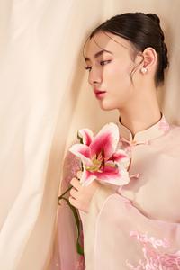 Vietnamese Silk Ao Dai <b>Dress</b> with Embroidered Chrysanthemum Flowers - Soft Flowing and Elegant KAD32 - Product Image 4