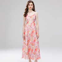 Robe longue trapèze pour femme, style doux et coloré, avec dentelle, taille naturelle, broderie florale tridimensionnelle ajourée et style camisole