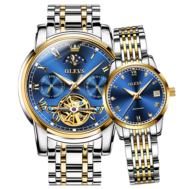 OLEVS 6617 Luxury Lovers Mechanical Watch High Quality Steel Strap Waterproof Tourbillon Skeleton Luminous New Couple Watch