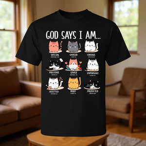 Camiseta con diseño de gato y mensaje religioso: Dios dice que soy especial, elegido, único y amado, color negro, unisex, talla adulta - Product Image 3