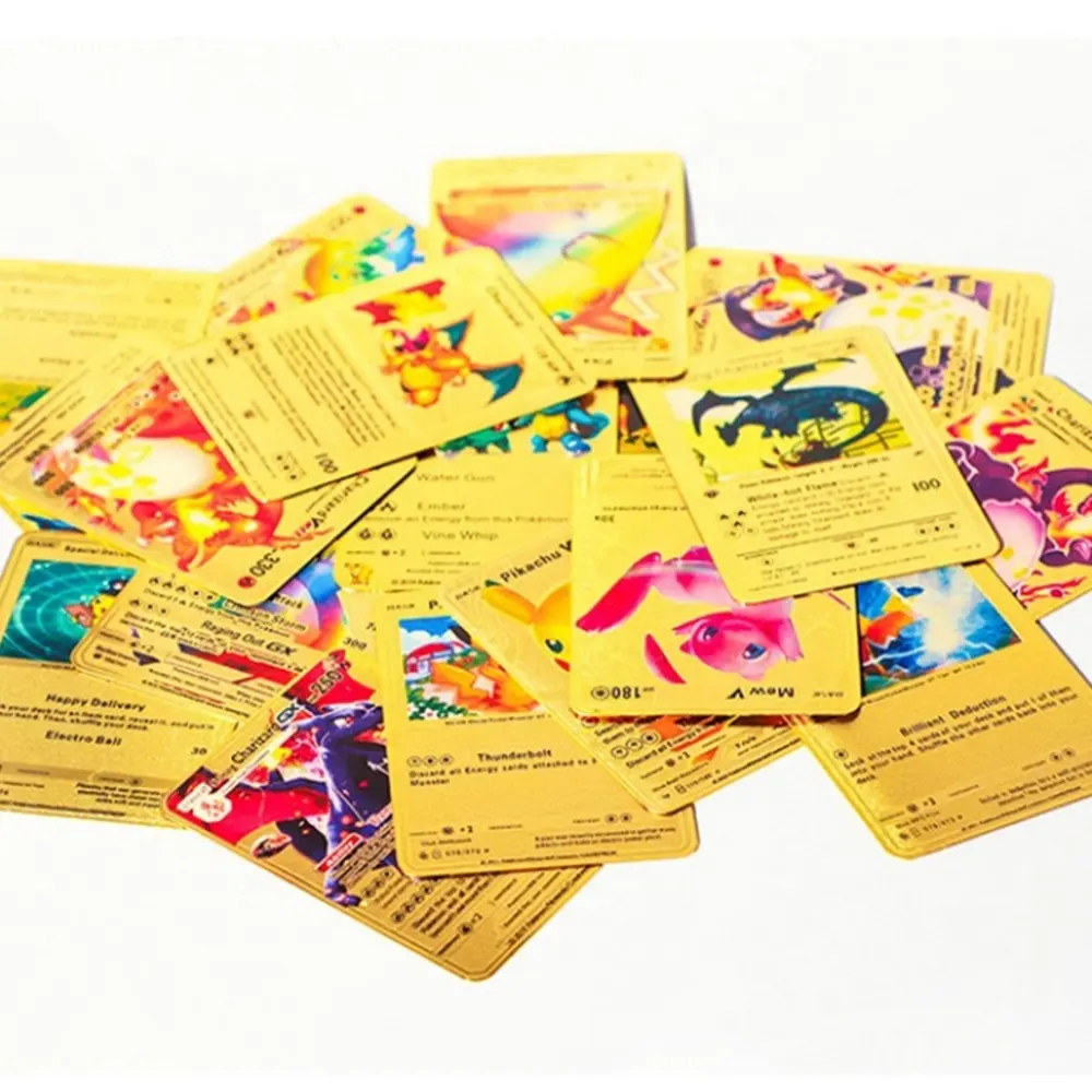 Wholesale 55pcs Gold Metal Poke mon Cards Cartoon Anime Playing Cards Spanish English Card Game Elf TCG Battle