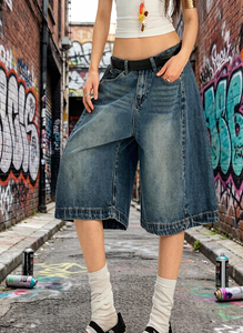Short en jean ample délavé style hip-hop pour <span class=keywords><strong>femme</strong></span>, respirant, classique, polyvalent, coupe large sept pouces - Product Image 2