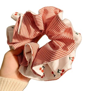 Elastici per capelli a doppio strato in stile coreano con motivo scozzese e ciliegie, elastici grandi a righe rosse e blu, fasce per capelli alla moda per donna - Product Image 6