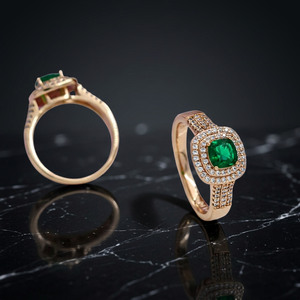 Luxury Brass Gold Plated Emerald Green <b>Crystal</b> Ring Double Halo Cubic Zirconia Cushion Cut Wedding Engagement Jewelry - Product Image 2