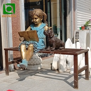 Escuela famosa occidental decorativa bronce chica leyendo libros con <span class=keywords><strong>perro</strong></span> sentado en el banco estatua figura de Metal escultura - Product Image 3