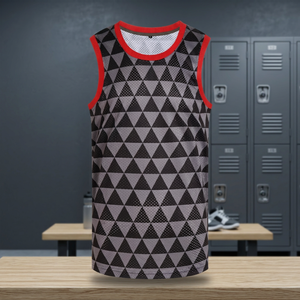 Maillot de basket-ball en maille respirante pour hommes, sans manches, col rond, motif géométrique, débardeur à bordure rouge, été - Product Image 3
