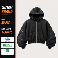 Sweat à capuche personnalisé pour homme, haute qualité, vente en gros, OEM, avec fermeture éclair, effet vieilli, strass, logo au dos, sweats à capuche personnalisés avec strass