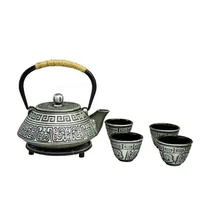 Set Teko Teh Besi Cor Gaya Jepang, 1 Pot 4 Cangkir dan 1 Piring Cor Besi dengan Pegangan