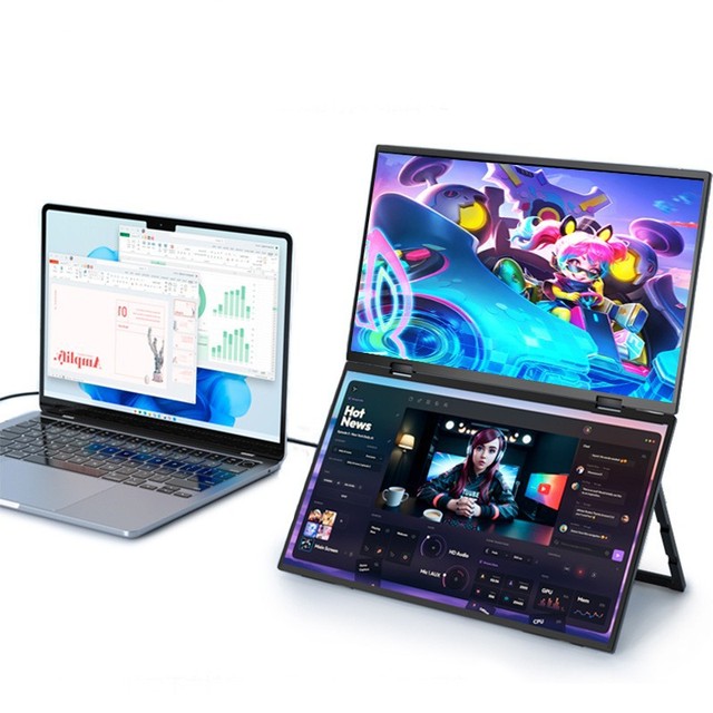 Portable Dual Screen Monitor for Office Use High Definition IPS Panel WLED Type Upper & Lower Notebook Extension Folding Screens
