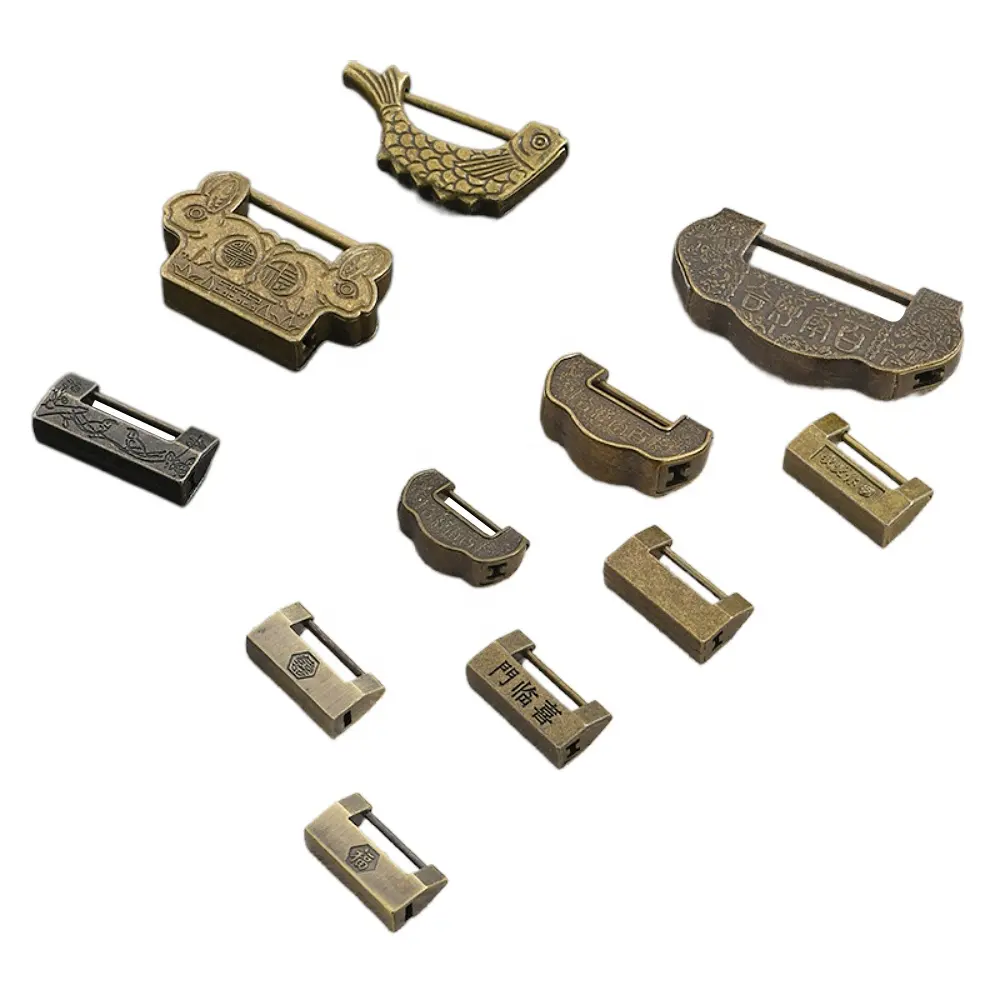 11 개의 미니 골동품 작은 자물쇠, 중국 스타일의 오래된 상자 자물쇠, 복고풍 구리 자물쇠, 구식 고대 열쇠 자물쇠