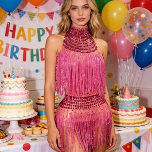 Vestido de Verano de Gasa con Estampado Floral para Baile <span class=keywords><strong>Cha</strong></span> <span class=keywords><strong>Cha</strong></span>, Cuello Alto, Borlas, Elegante, Ajustado, Corte Recto, Bordado, <span class=keywords><strong>Mini</strong></span>, con Diamantes Brillantes - Product Image 4