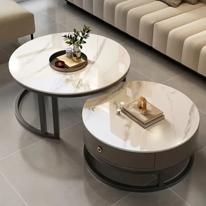 <span class=keywords><strong>Tavolino</strong></span> da Caffè <span class=keywords><strong>Moderno</strong></span> di Alta Gamma con Piano in Pietra Rotondo, Base in Acciaio Inox, Funzione di Stoccaggio ed Estensione per Arredamento Soggiorno - Product Image 5