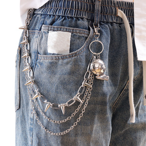 Chaîne de pantalon style européen et américain Yueli avec pendentif football et clous, chaîne de taille hip-hop en argent tibétain, mode décontractée - Product Image 2