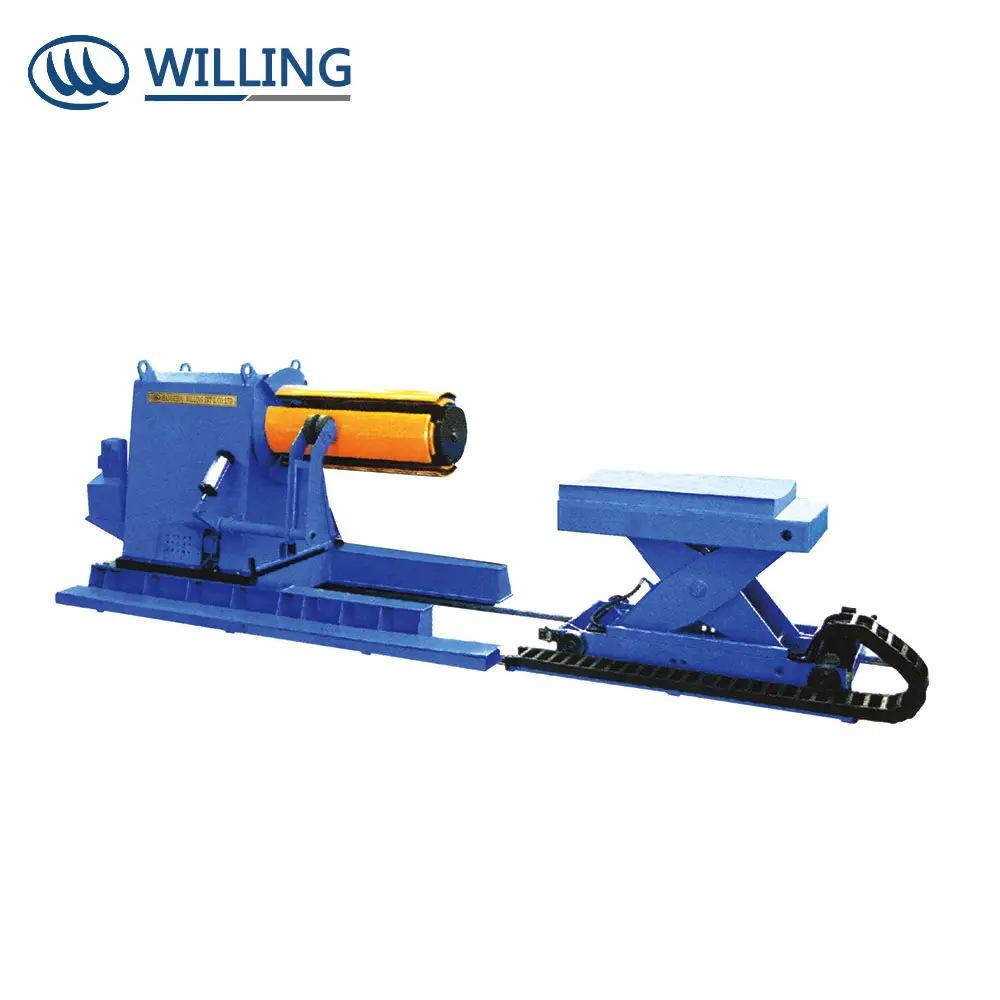 เครื่องม้วนเหล็กไฮดรอลิกไฟฟ้า Uncoiler Decoiler Feeder เครื่องยืดเหล็กแผ่นโลหะ