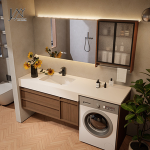 Meuble-lavabo flottant en bois de noyer avec meuble intégré pour machine à laver, miroir LED encastré et armoire murale en <span class=keywords><strong>verre</strong></span> cannelé - Product Image 2