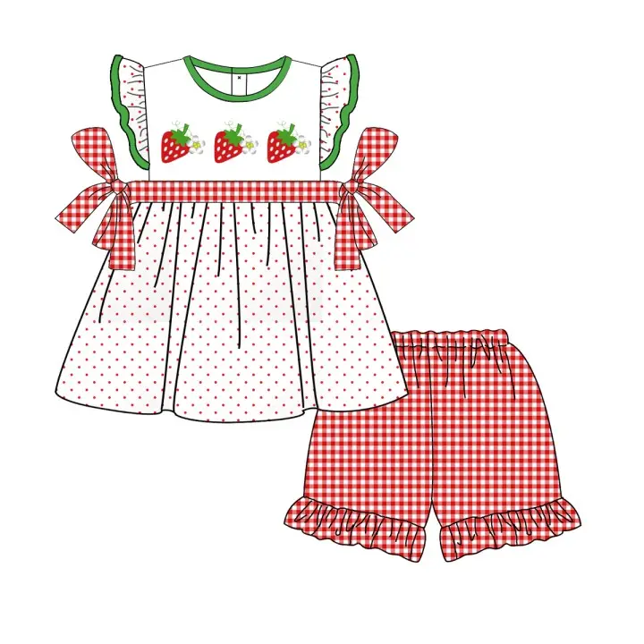 Puresun boutique summer infant clothing bows outfits cute printing with bows embroidery applique baby ruffle girl sets