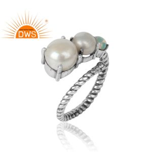 Popular Dainty Oxidized Solid Silver <b>Ring</b> <b>Pearl</b> and Ethiopian Opal <b>Ring</b> Gemstone <b>Rings</b> Jewelry Wholesale Vintage Collection - Product Image 2