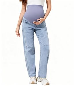 Jean de maternité taille haute en denim patchwork, pantalon long tissé pour la grossesse et le quotidien - Product Image 5