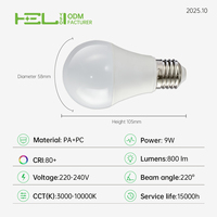 Bombilla LED de 9W, 800LM, Controlador ERPF Sin Parpadeo, PA+PC Ignífugo Opcional V0, para Proyectos de Iluminación Comercial en Hoteles y Centros Comerciales