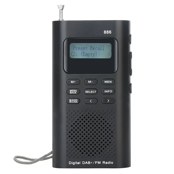 Rádio alarme com led e lanterna, tamanho de bolso de alta tecnologia, estações de varredura automática, display lcd dab + fm
