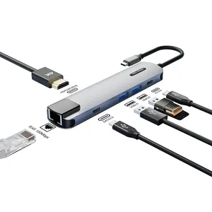 Convertidor de adaptador HUB tipo C 8 en 1 de aluminio con Red Rj45 Hdtv 4K Usb-C Hub 6 en 1 USB C Hub