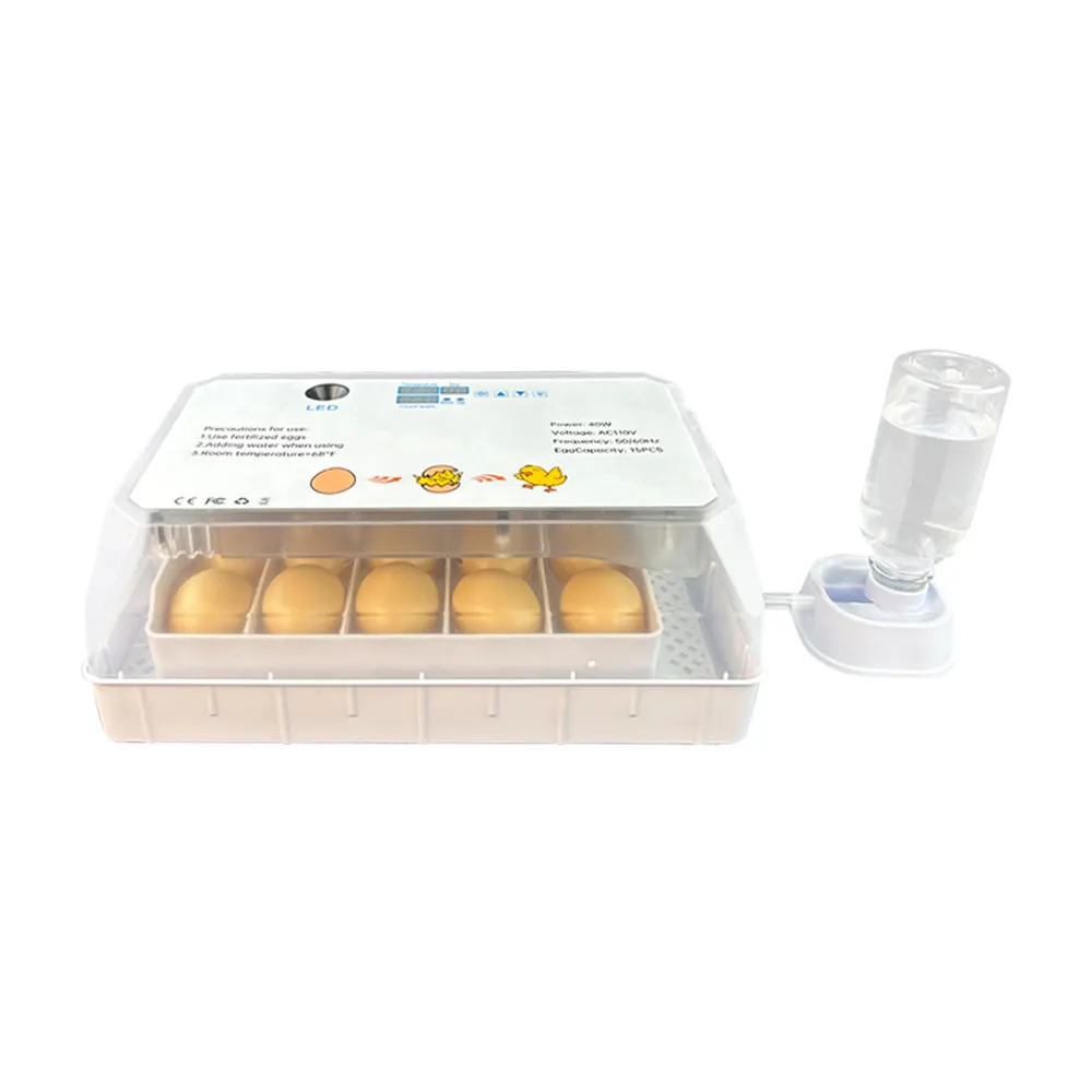 حاضنة صغيرة أوتوماتيكية بالكامل للاستخدام المنزلي بسعر خاص، حاضنة بـ 15 بيضة من طيور الدجاج مع ملء مائي أوتوماتيكي