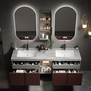 ตู้ห้องน้ำติดผนังสีเทาแบบมินิมอลทันสมัยสั่งทำได้พร้อมอ่างล้างหน้าแบบไร้รอยต่อและกระจก LED อัจฉริยะรูปวงรี - Product Image 3