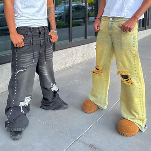 Jeans Y2K pour hommes, vintage, délavés à l'acide, amples, <span class=keywords><strong>en</strong></span> denim, avec strass, à jambes larges, effet usé, streetwear, jeans personnalisés - Product Image 1