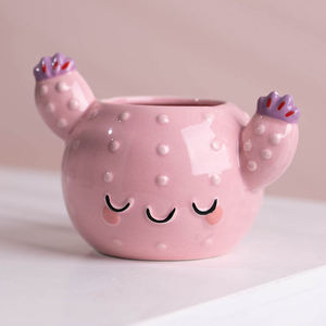 Bonita maceta redonda pintada <span class=keywords><strong>a</strong></span> <span class=keywords><strong>mano</strong></span> con forma de cactus, maceta de cerámica para bonsái, maceta inteligente, regalo para niños - Product Image 5