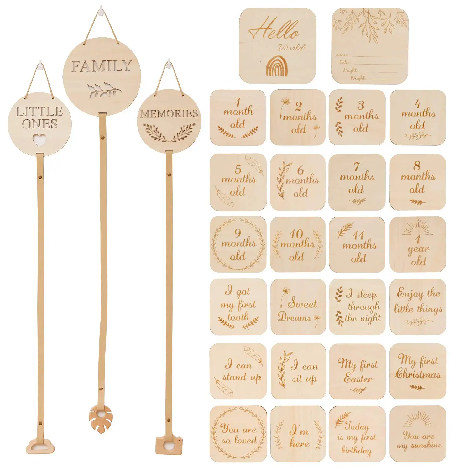 16 Double Sided Discs Wooden Picture Frames Hanging Photo Display With Drawstring Bag Baby Gift Monthly Milestone Cards