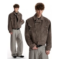 Veste rétro à rivets avec fermeture éclair oblique et revers, manteau court déstructuré ample de style américain pour homme, printemps et automne