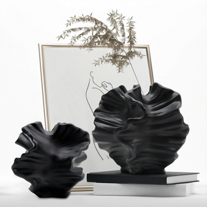 Juego de 2 Jarrones de Cerámica Negra con Forma de Flor, Estilo Minimalista Nórdico Boho, para Mesa, Sala de Estar, Dormitorio u Oficina - Product Image 1
