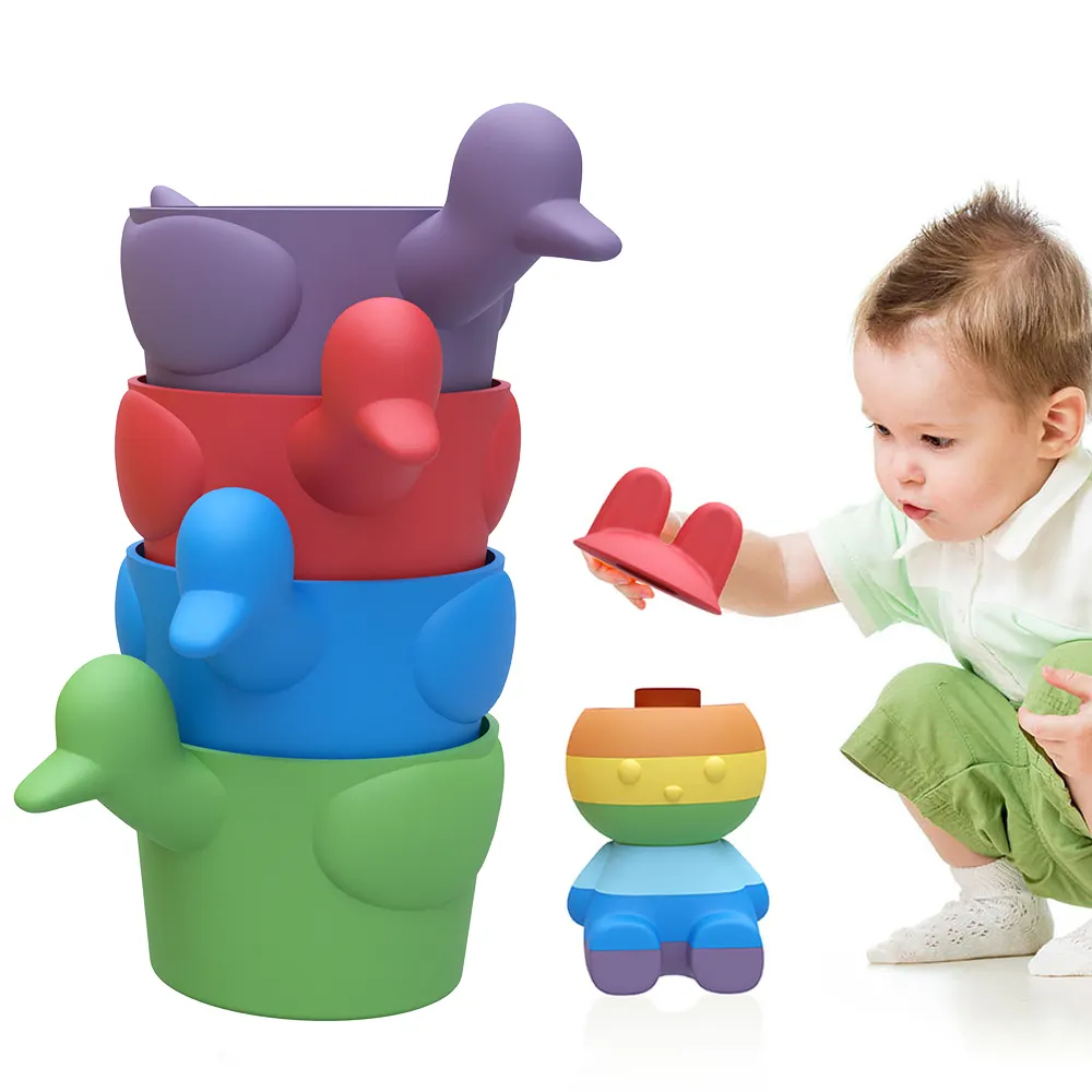 CPC0-12ヶ月BPA無料シリコンビルディングブロックおもちゃセット子供のための柔らかいカラフルなアヒルの形をした赤ちゃんスタックおもちゃセット教育玩具