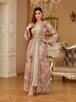Ensemble Abaya Ouverte 2 Pièces pour Adultes en Polyester, Robe Musulmane Vintage à Imprimé Floral avec Bordure Strass, Kimono Extérieur et Satin Intérieur, Modeste pour Mariage