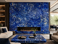 Dalle de marbre bleu cloisonné, pierre à veines bleues polie, panneau mural TV, plateau de lavabo, comptoir de bar, plateau de table ronde, plateau de console