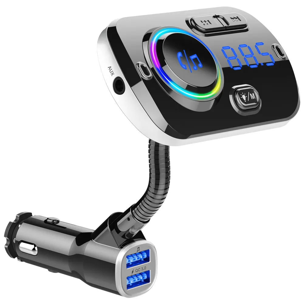 Siri Google Assistant USB Flash Drive Bluetooth FM Transmitter BC49AQ for Car 7 Color LED Car Adapter with QC3.0 Charging,