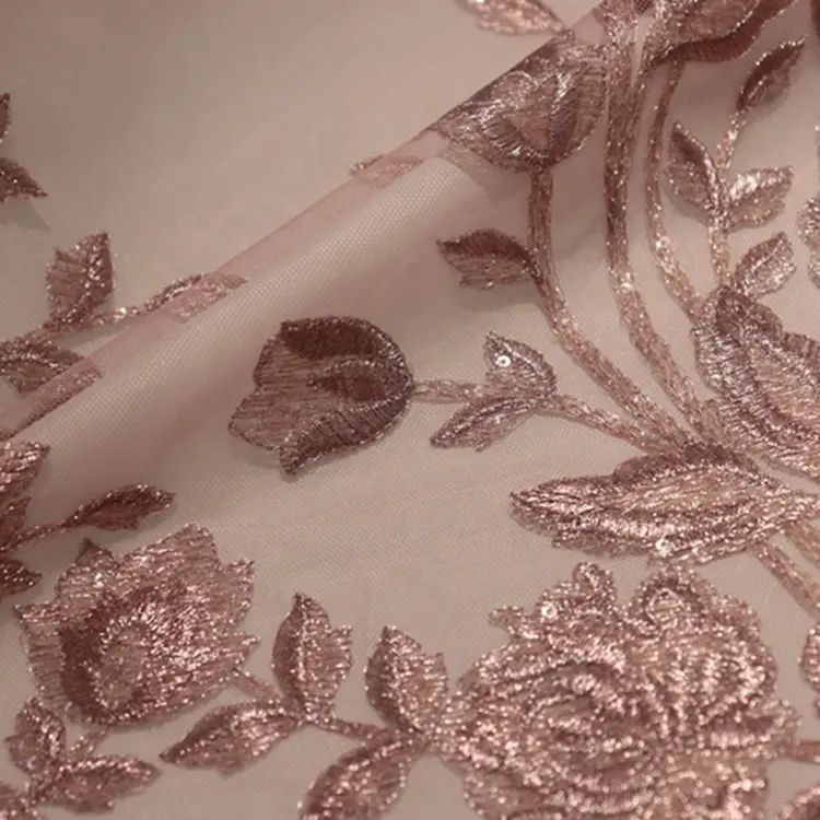 Tissu tricoté luxueux avec broderie de fleurs rose, dentelle de mariage, style moderne, 4 pièces
