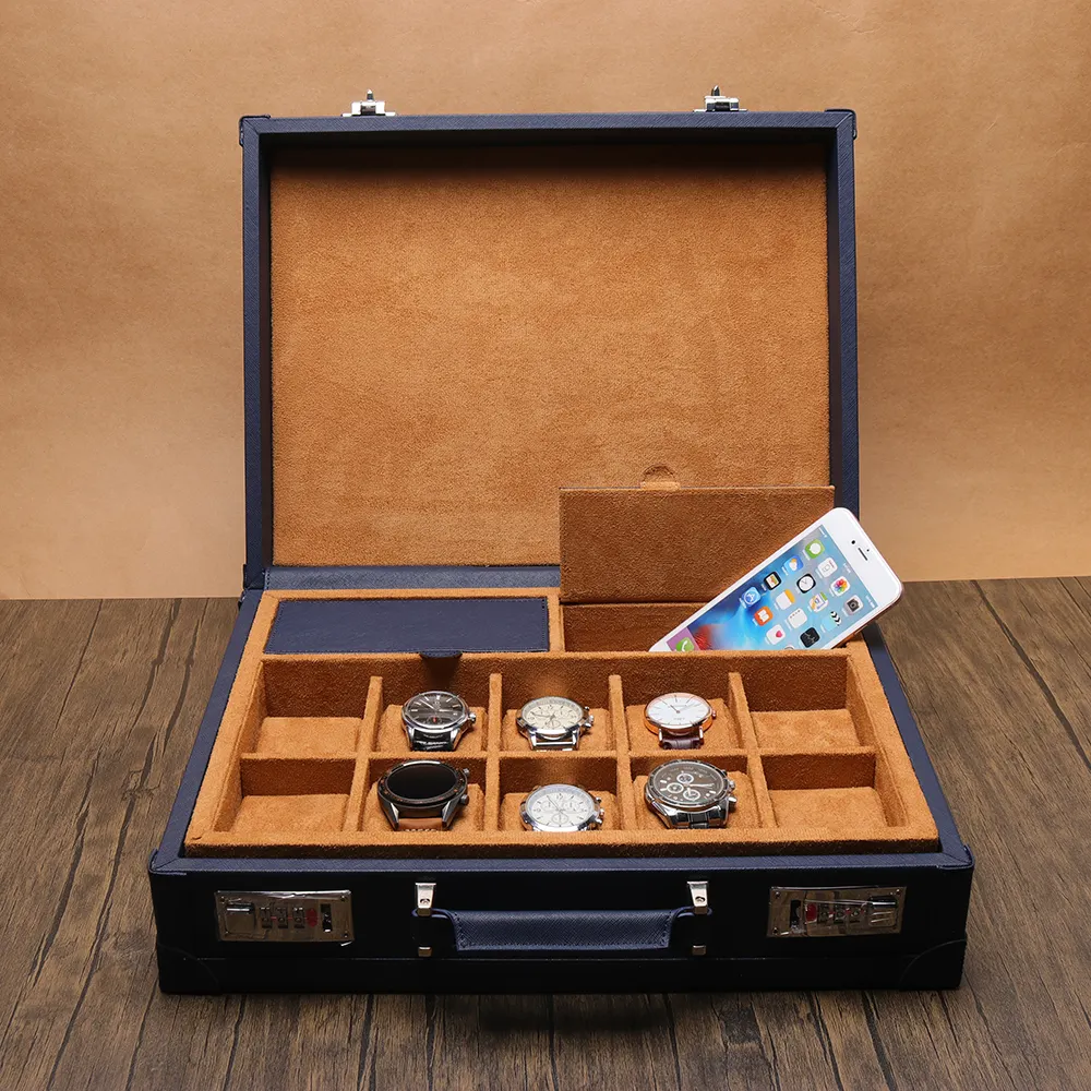 Ready To ship Luxury Genuine Leather Watch Trunk Bag for 10 Watches