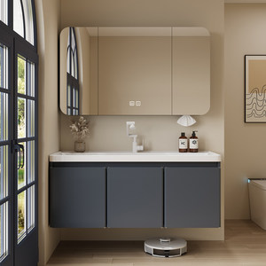 Lavabo de Cerámica Minimalista Moderno de Una Pieza con Espejo Inteligente y Mueble de Baño de Acero Inoxidable - Product Image 1