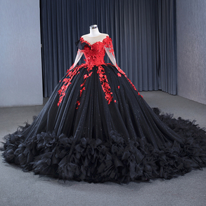 Robe de soirée gothique noire et rouge à fleurs, manches longues, appliques en dentelle, robes de bal vintage, robes de mariée Rsm231103 - Product Image 5
